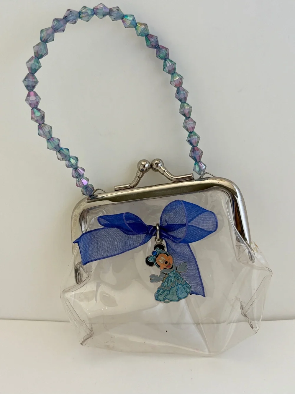 Disney Clear Mini Purse with Blue Bow and Iridescent Beaded Handle
